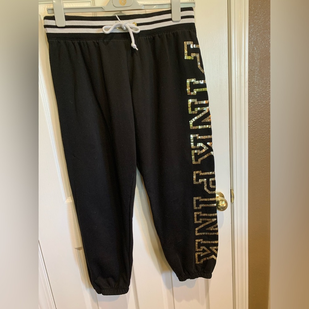 PINK Victoria's Secret Black Joggers with Metallic Logo